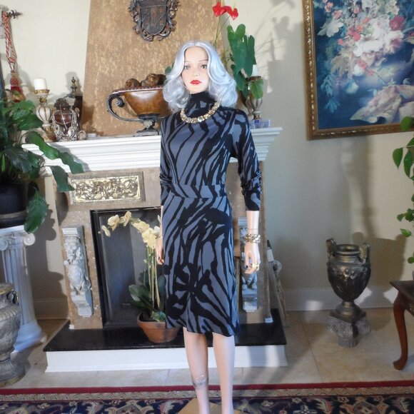 Tory Burch 100% Silk Black & Gray Print Mock Neck Sheath Dress Size L - Picture 1 of 16